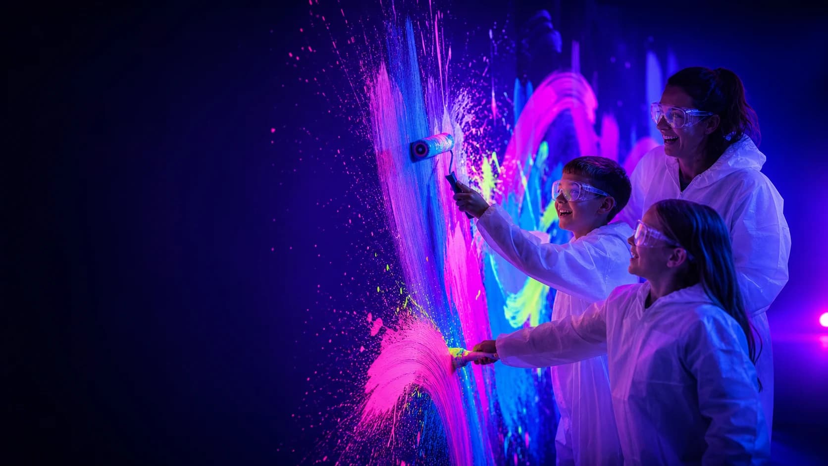 Two children and a parent joyfully painting under neon lights